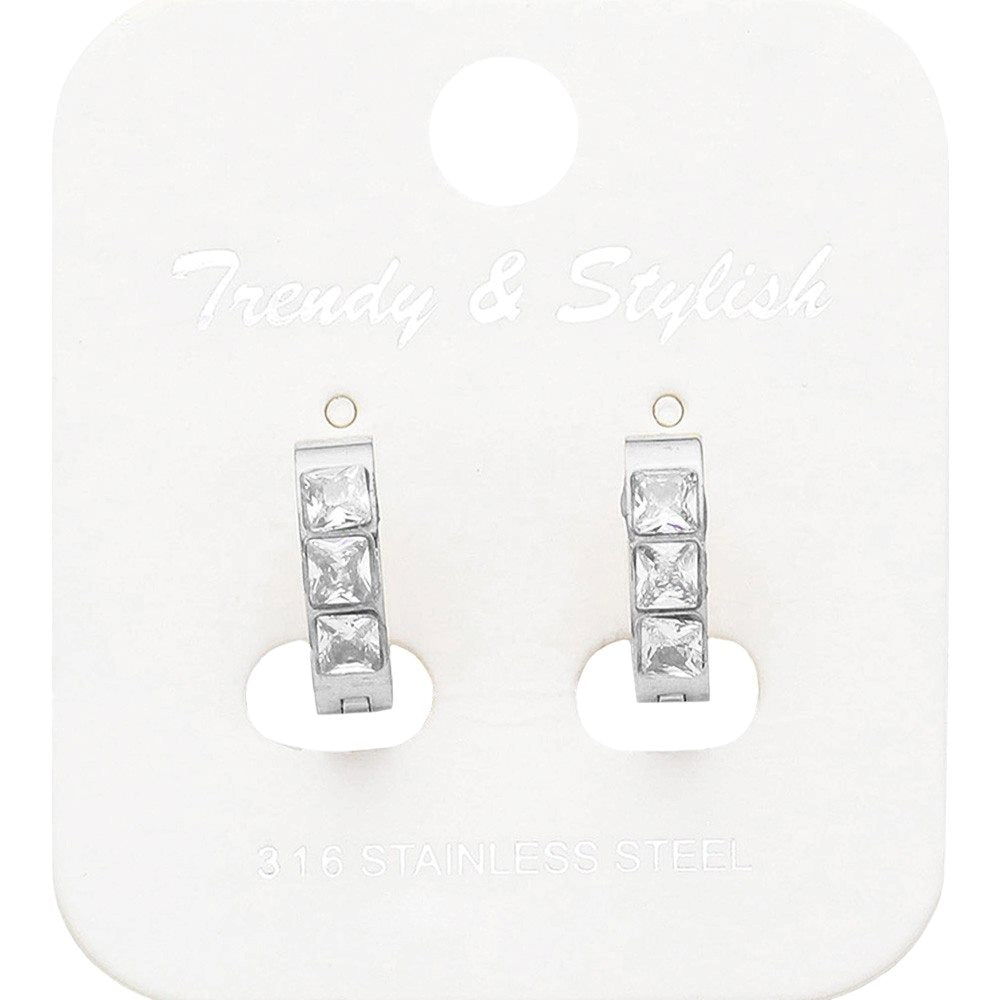 Square CZ Stone Paved Stainless Steel Huggie Hoop Earrings