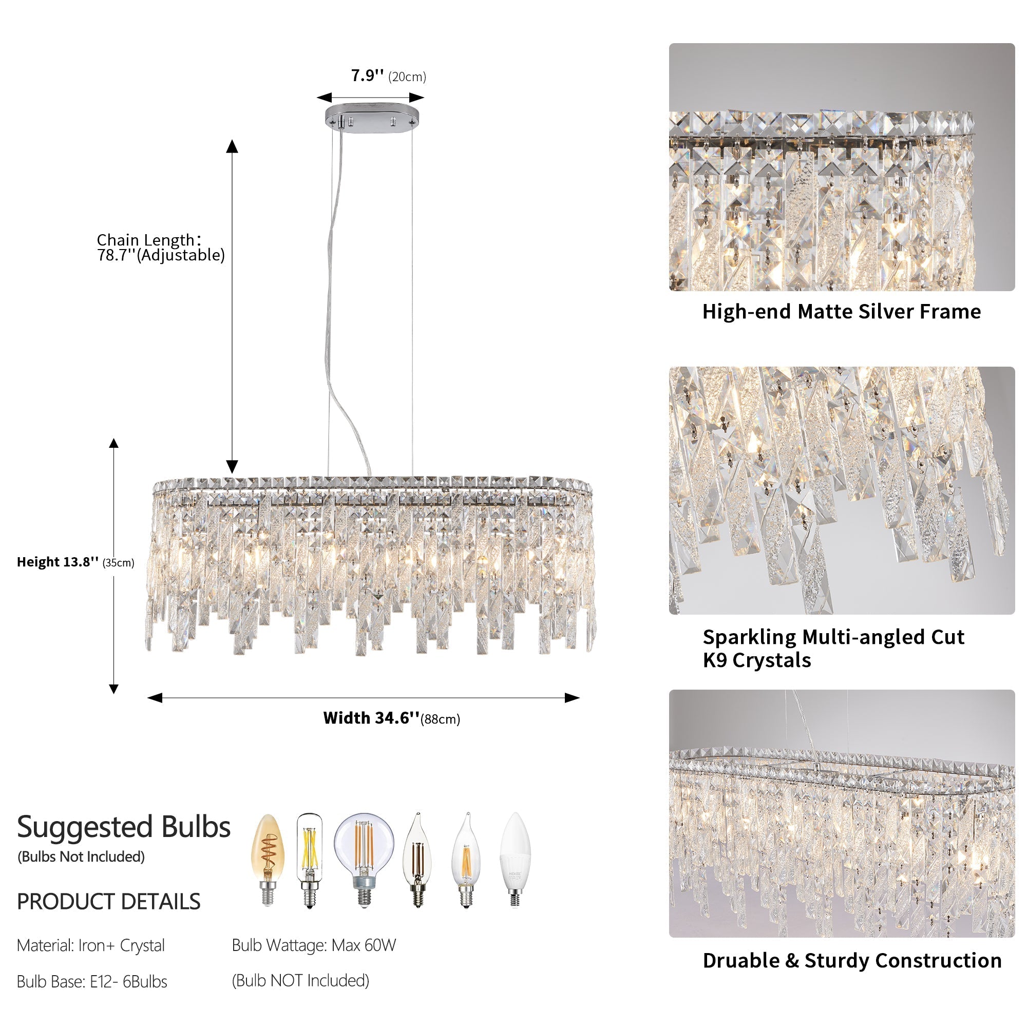 34.6" Oval K9 Crystal Chandelier | 6-Light Silver Modern Ceiling Light with Cascading Teardrop Crystals — Dining Room, Living Room & Bedroom