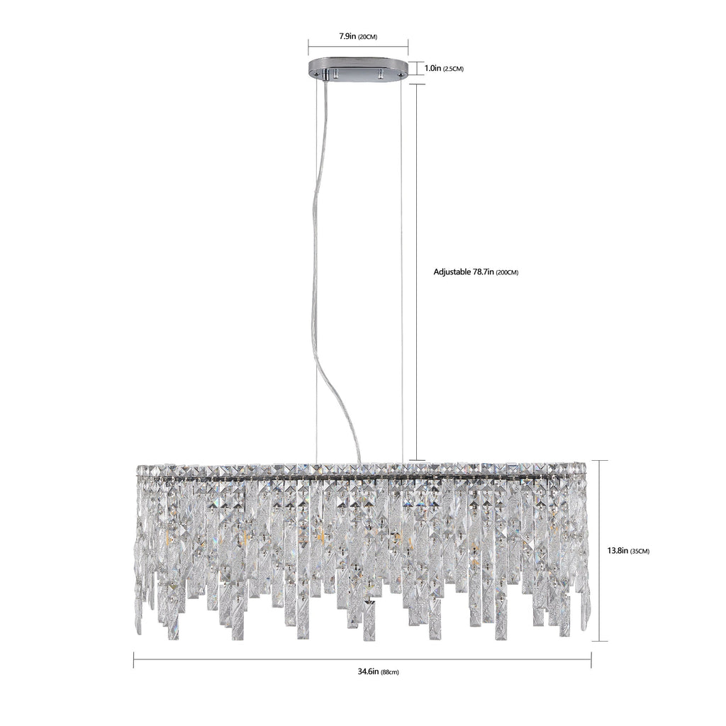 34.6" Oval K9 Crystal Chandelier | 6-Light Silver Modern Ceiling Light with Cascading Teardrop Crystals — Dining Room, Living Room & Bedroom