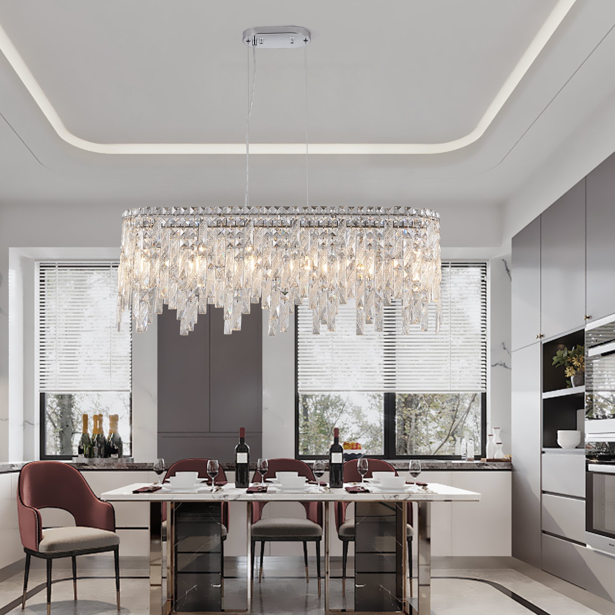 34.6" Oval K9 Crystal Chandelier | 6-Light Silver Modern Ceiling Light with Cascading Teardrop Crystals — Dining Room, Living Room & Bedroom