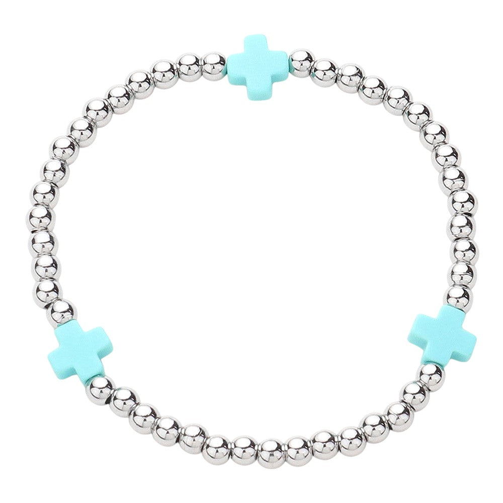 Cross Pointed Stainless Steel Ball Beaded Stretch Bracelet