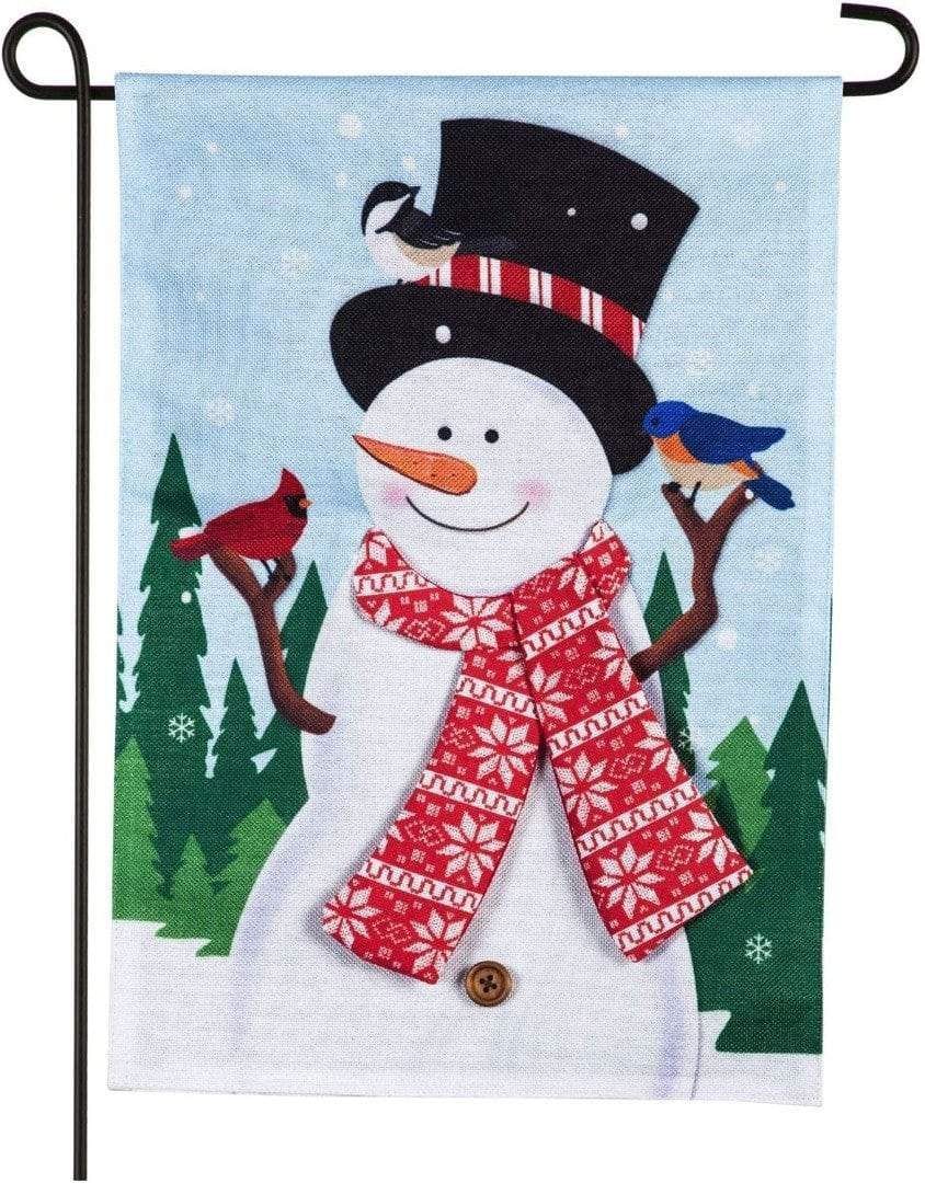 Snowman and Bird Friends Garden Flag 2 Sided Burlap