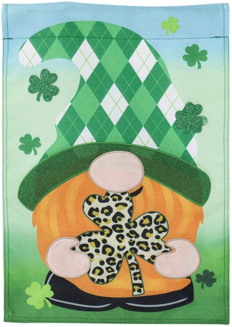 St Patricks Patterned Gnome Garden Flag 2 Sided Burlap