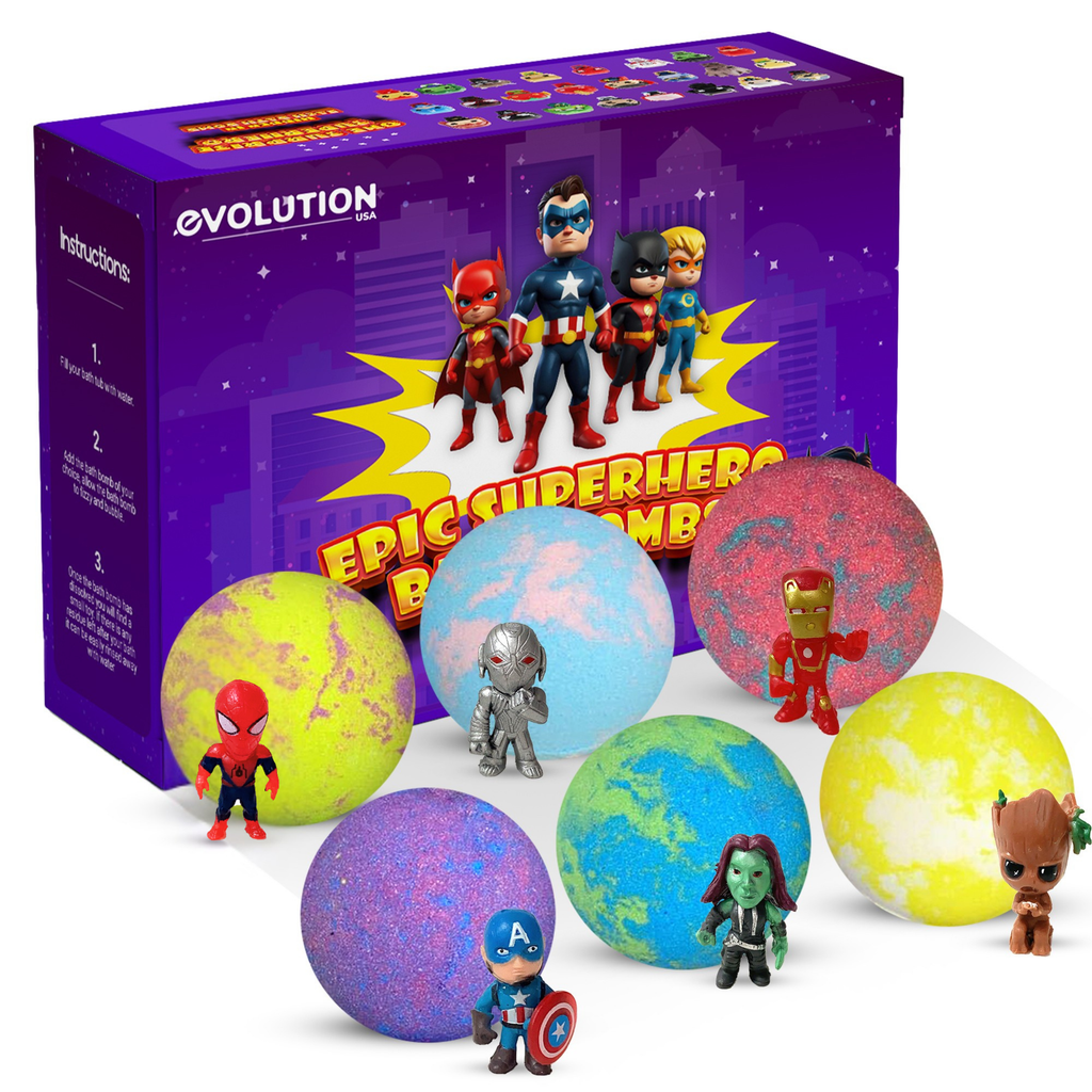 EvolutionUSA 6pc Epic Superhero Bath Bombs for Kids