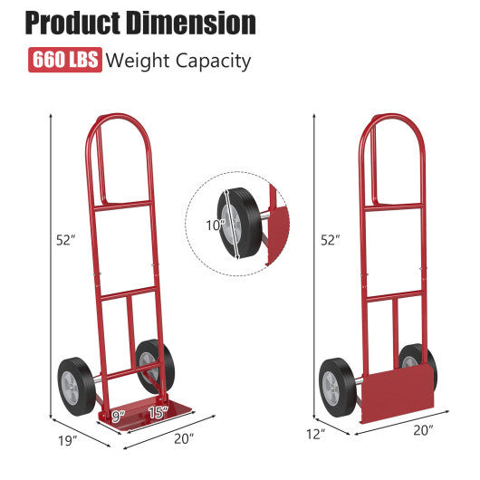 P-Handle Sack Truck with 10 Inch Wheels and Foldable Load Area-Red