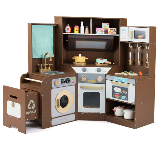 Corner Kitchen Toys with Lights and Sounds with Pull-out Trash Can and Stoves-Off White