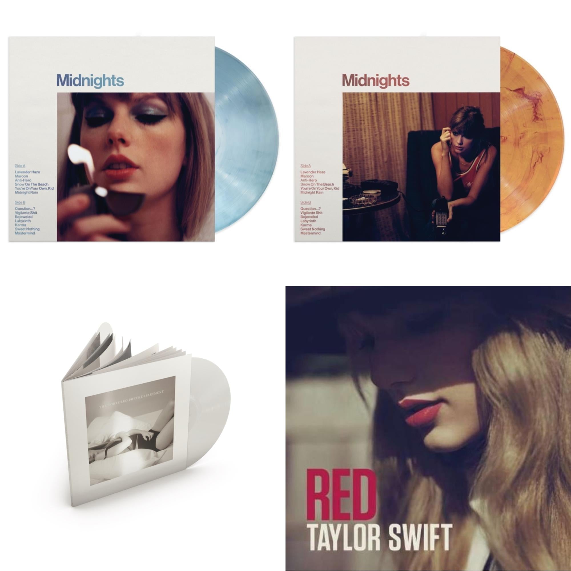 Midnights (X) (Moonstone Blue LP Vinyl) & Midnights (X) (Blood Moon LP Vinyl) & Tortured Poets Department (X) (Ghosted White Vinyl/2LP/Manuscript- Bonus Track) & Red