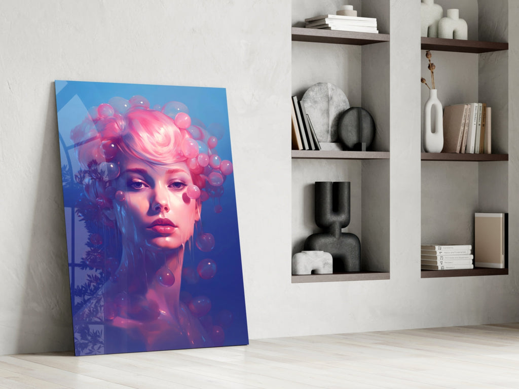 Pink Hair Dripping Bubbles Woman Glass Wall Art