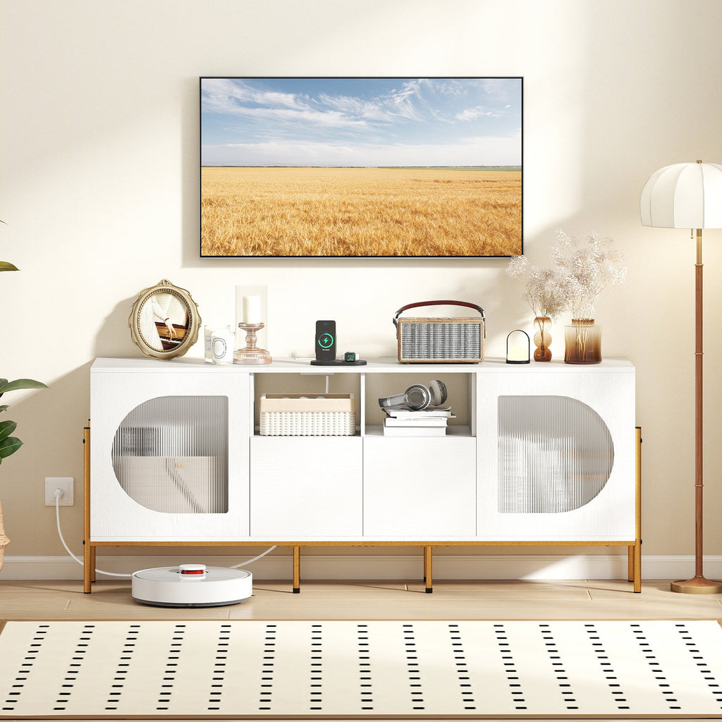 TV Stand for 70 Inch TV with Power Outlets Drawers and Open Shelves-White