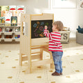 Toddler Kitchen Step Stool with Activity Chalkboard and Adjustable Height-Natural