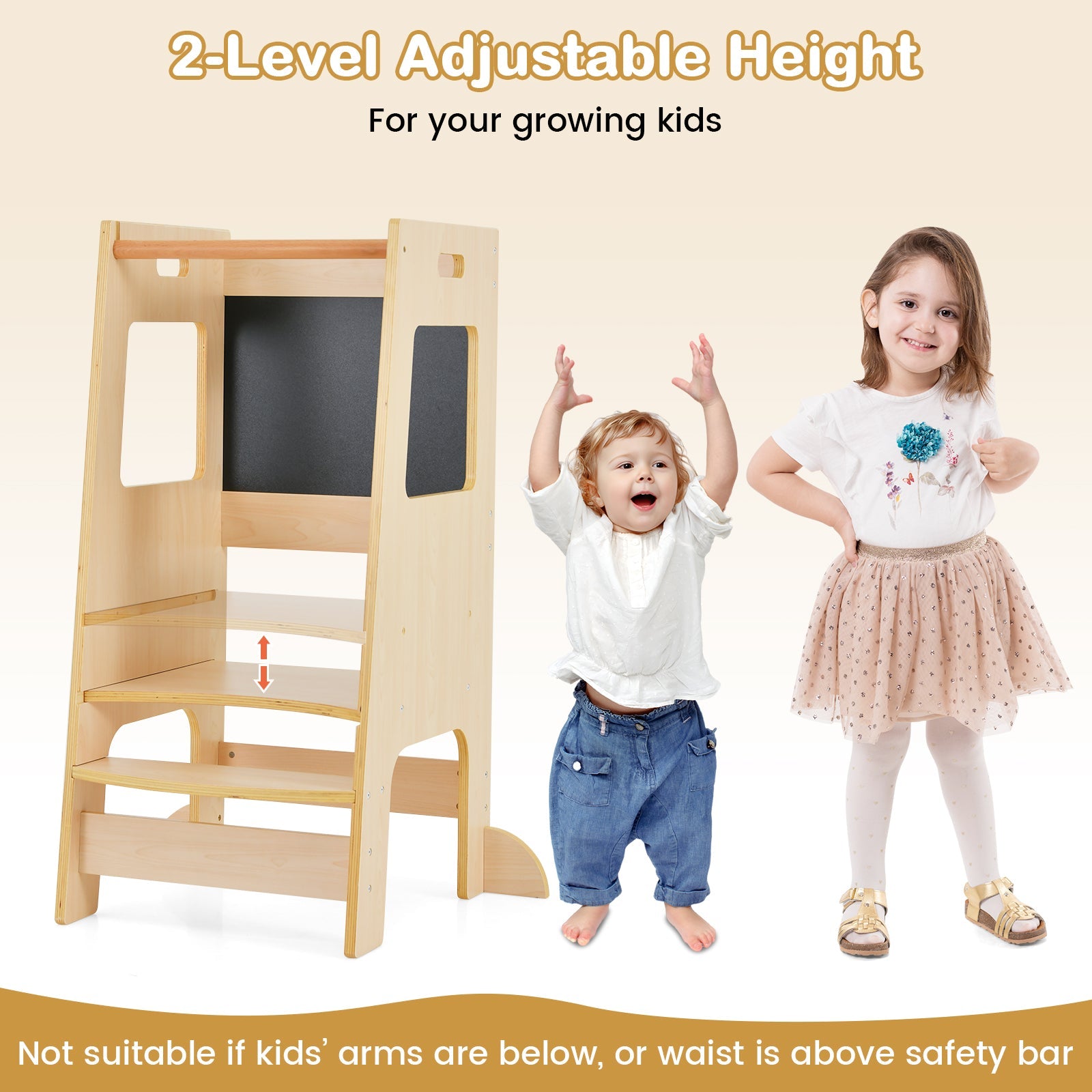 Toddler Kitchen Step Stool with Activity Chalkboard and Adjustable Height-Natural
