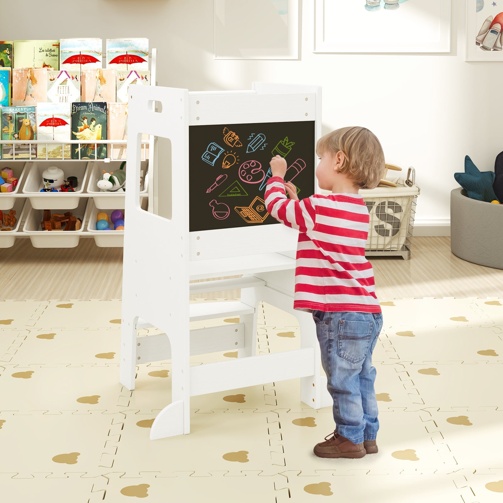 Toddler Kitchen Step Stool with Activity Chalkboard and Adjustable Height-White