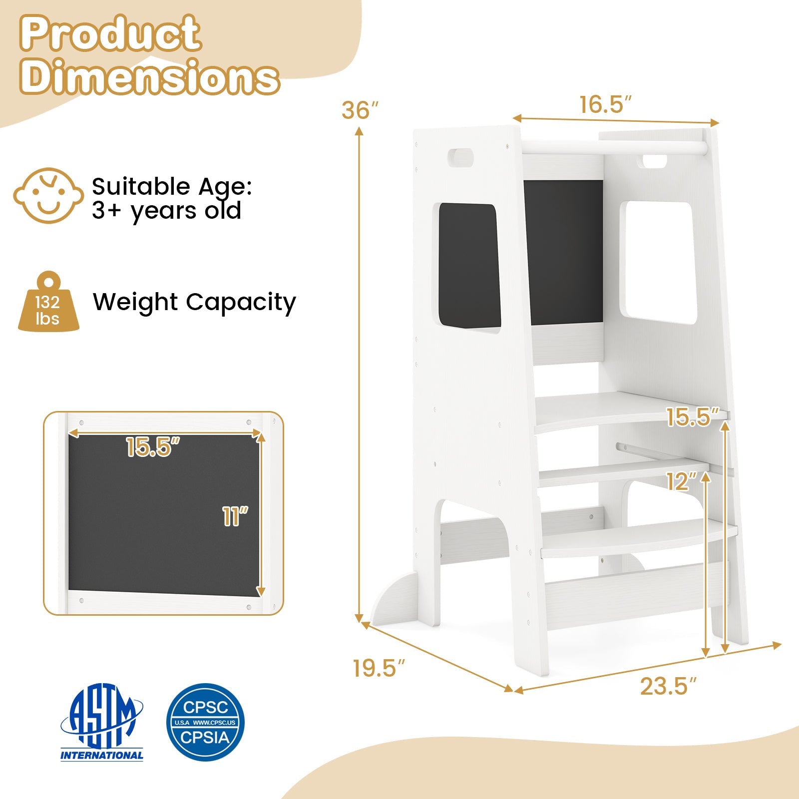 Toddler Kitchen Step Stool with Activity Chalkboard and Adjustable Height-White