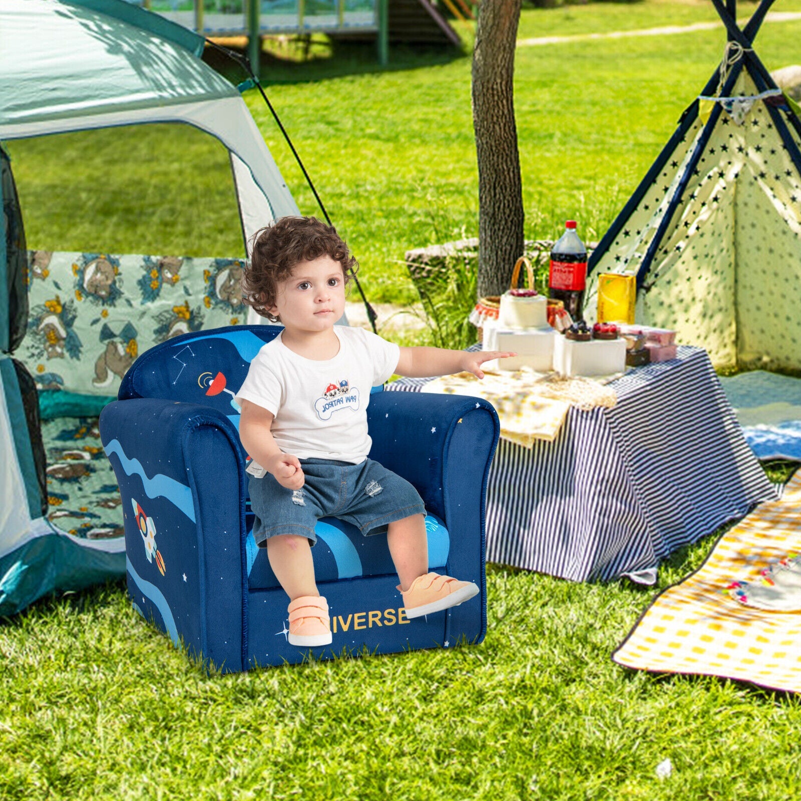 Toddler Upholstered Armchair with Solid Wooden Frame and High-density Sponge Filling-Multicolor