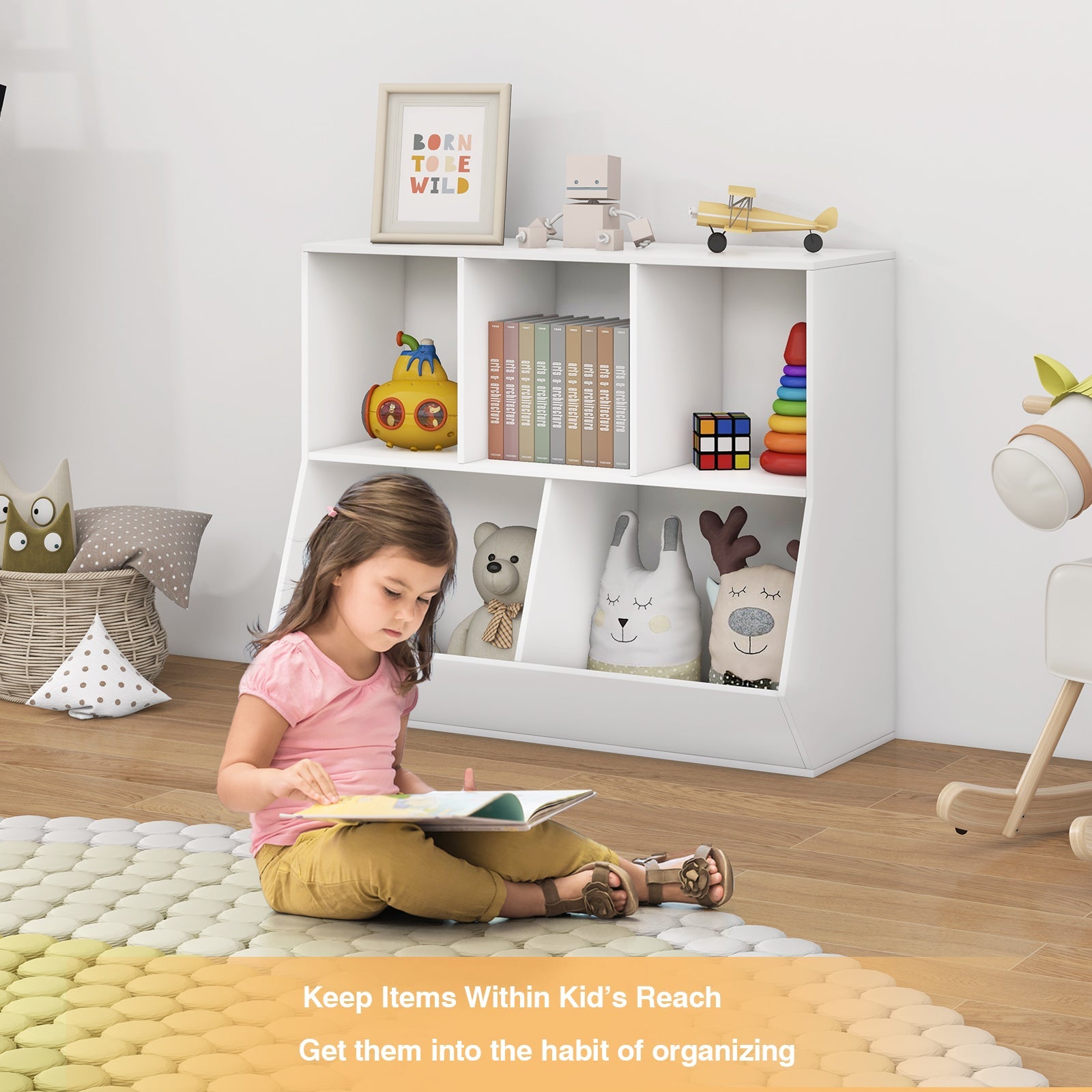5-Cube Wooden Kids Toy Storage Organizer with Anti-Tipping Kits-White