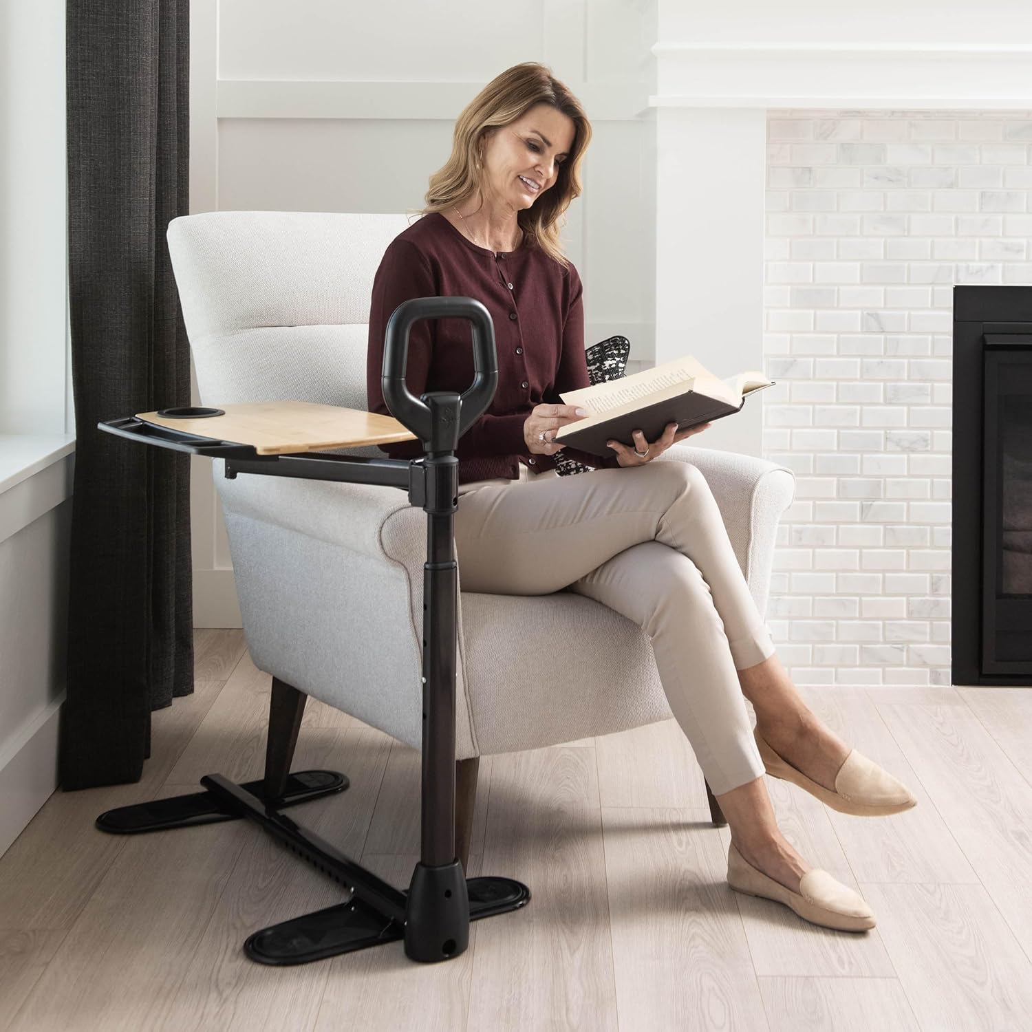 Tray Table, Adjustable Bamboo TV and Laptop Desk with Ergonomic Stand Assist Safety Handle, Independent Living Aid