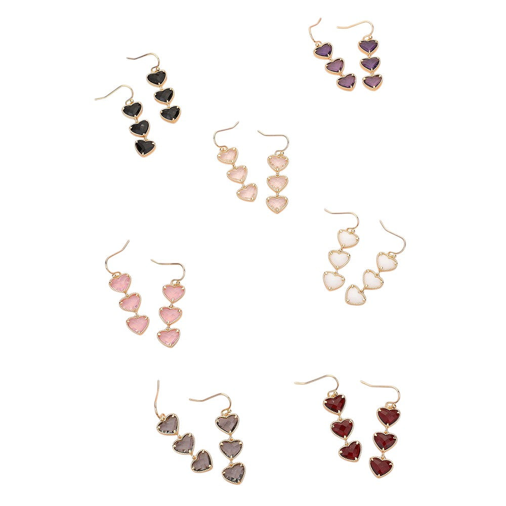 Triple Heart Stone Cluster Link Dropdown Dangle Earrings