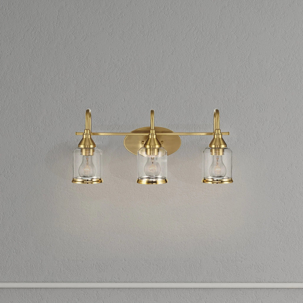 Brushed Gold Vanity Light | 3-Light Contemporary Wall Sconce with Clear Glass Shades — Bathroom, Dining Room & Entryway Fixture