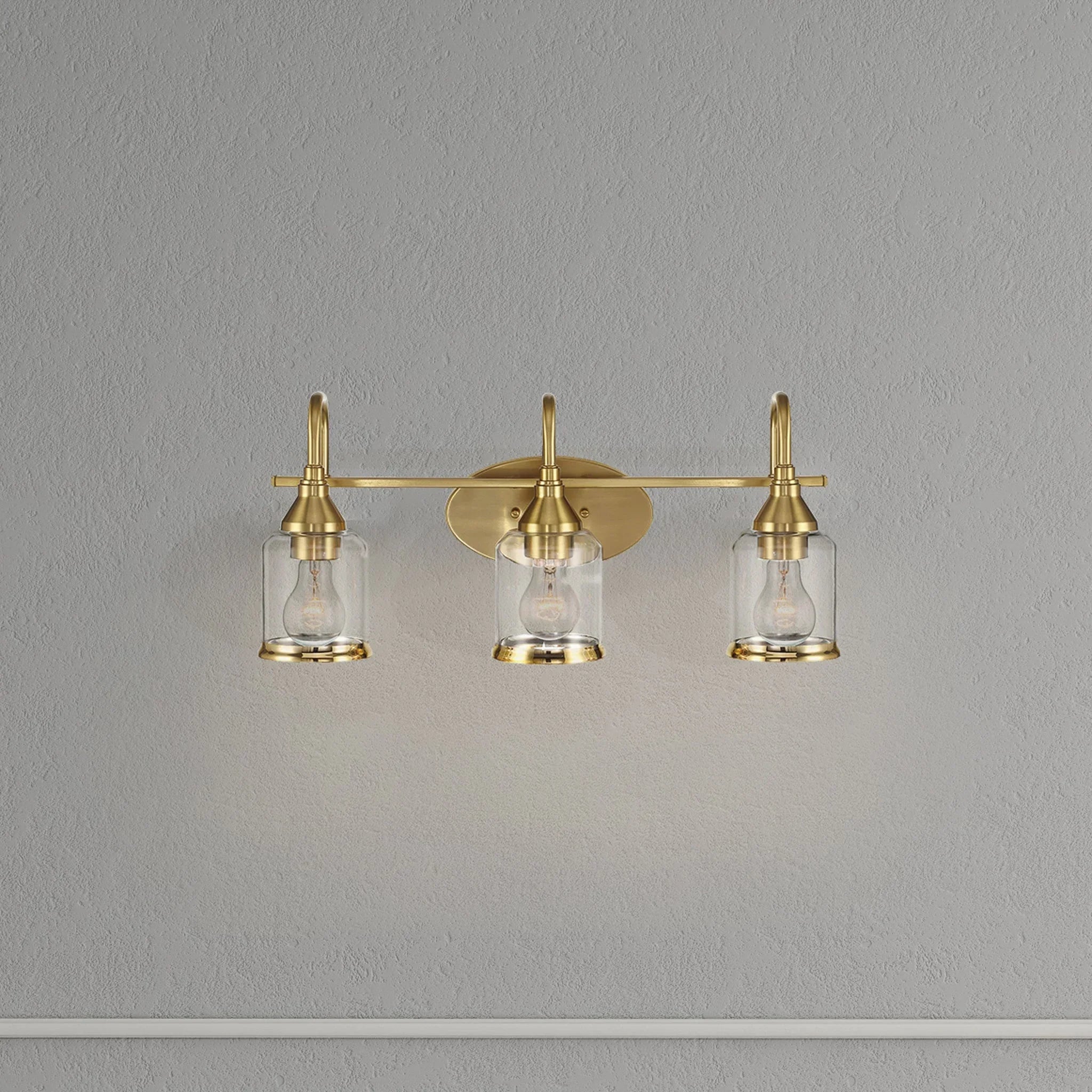 Brushed Gold Vanity Light | 3-Light Contemporary Wall Sconce with Clear Glass Shades — Bathroom, Dining Room & Entryway Fixture