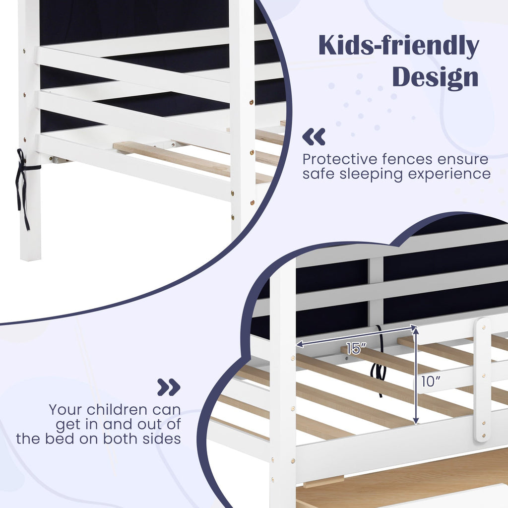 Twin House Bed with Tent and 2 Storage Drawers for Kids-White