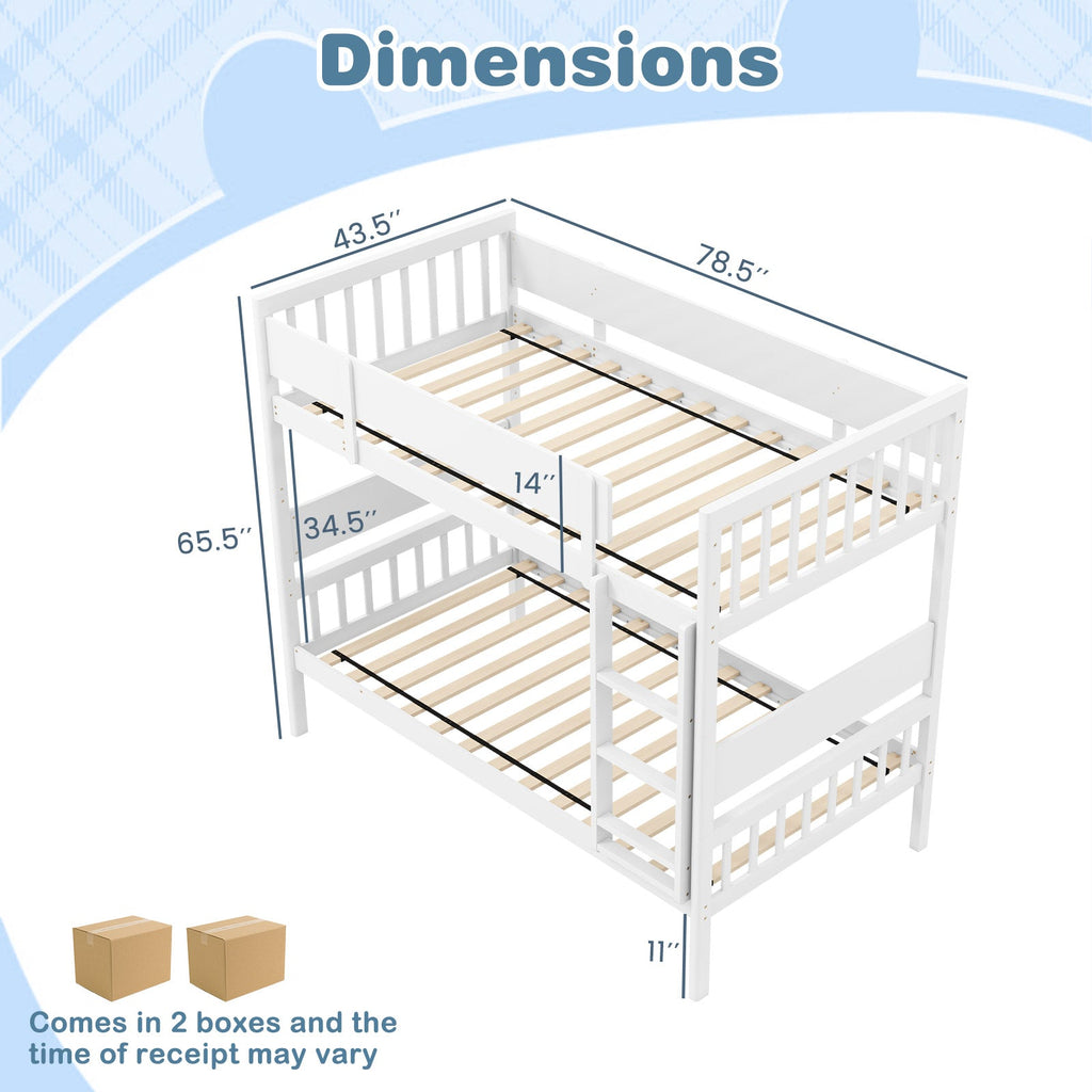 Twin Over Twin Bunk Bed with Ladder and Full-length Guardrails-White