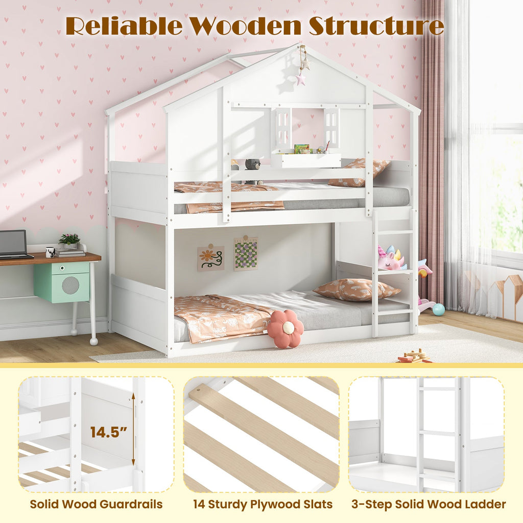 Twin Over Twin Bunk Bed for Kids with Roof and Lockable Window-White