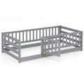 Twin Size Floor Bed with High Fence and Door Playhouse for Kids