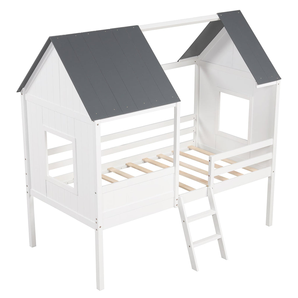 Twin Size Kids House Bed Low Loft Bed Frame with Roof-White