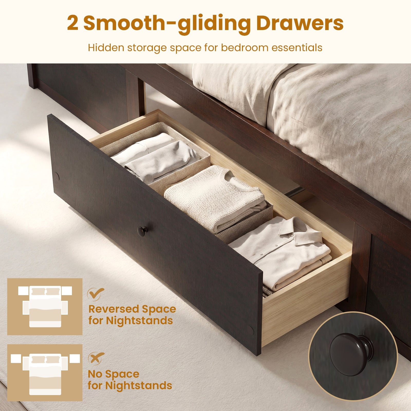 Twin Size Rattan Bed Frame with Storage Drawers