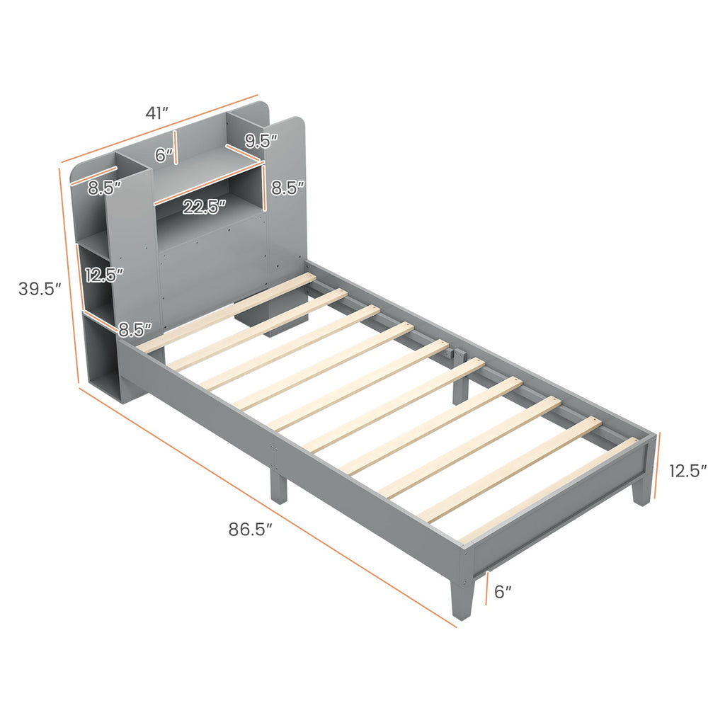 Twin Size Wooden Platform Bed Frame with Bookcase Headboard-Gray