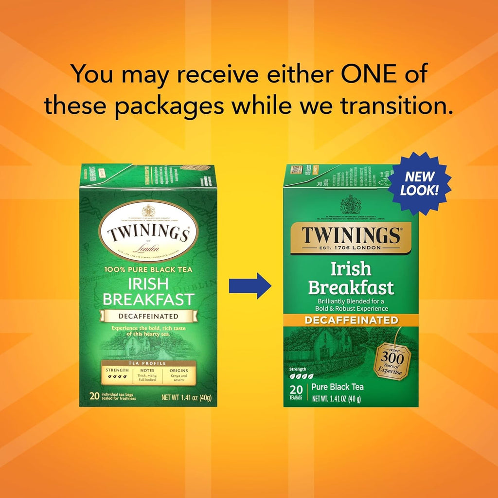 Twinings Irish Breakfast Decaf Black Tea, 20 Bags (Pack of 2)
