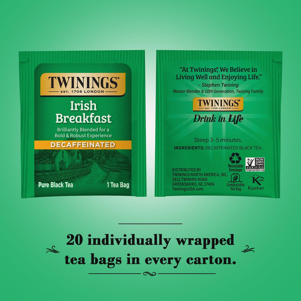 Twinings Irish Breakfast Decaf Black Tea, 20 Bags (Pack of 2)