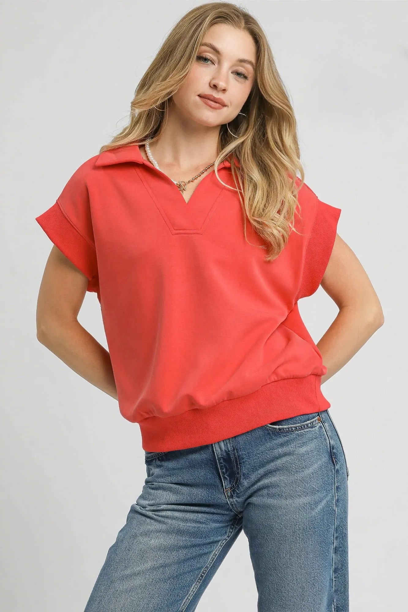 Umgee Luxe Knit Collared Short Sleeve Polo Sweatshirt.