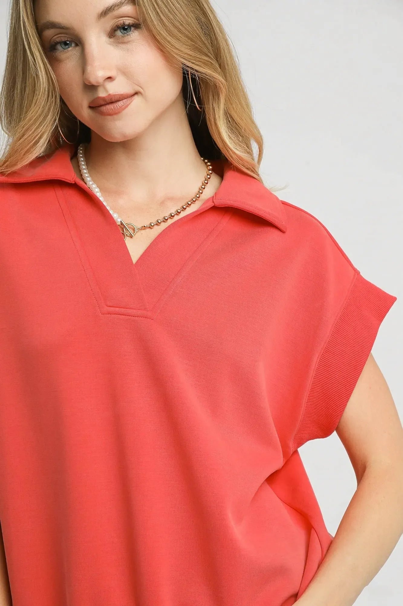 Umgee Luxe Knit Collared Short Sleeve Polo Sweatshirt.
