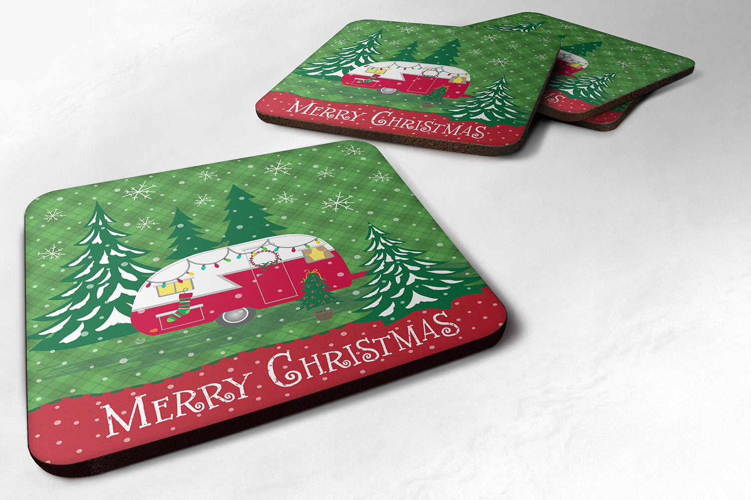 Christmas Vintage Glamping Trailer Foam Coasters Set of 4 Cup Coasters for Indoor Outdoor, Tabletop Protection, Anti Slip, Mouse pad Material