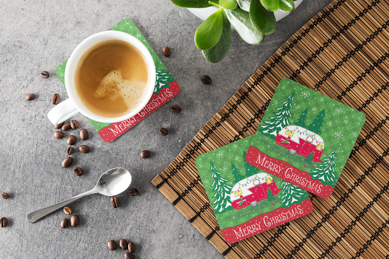 Christmas Vintage Glamping Trailer Foam Coasters Set of 4 Cup Coasters for Indoor Outdoor, Tabletop Protection, Anti Slip, Mouse pad Material
