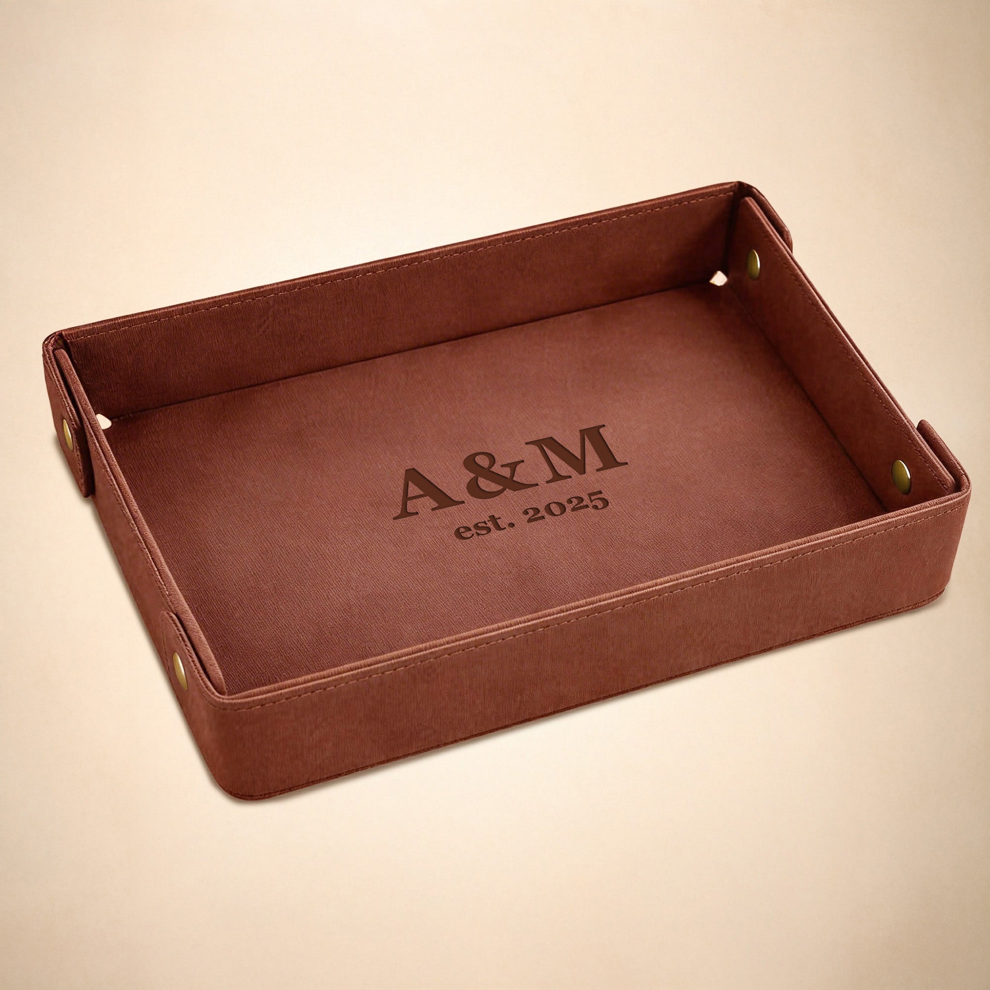 Engraved Leather Valet Tray for Men – Light Coffee , Couple