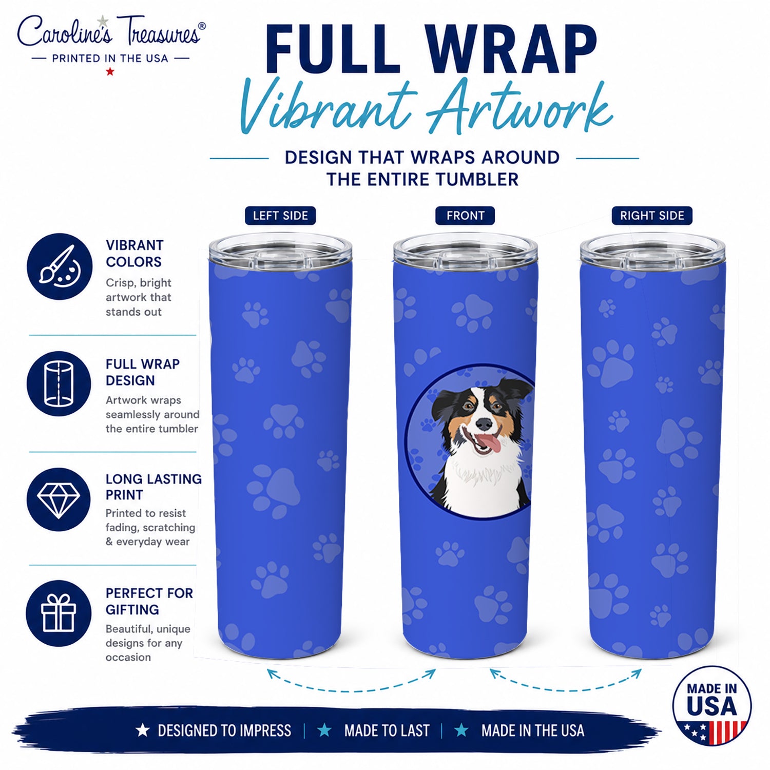 Australian Shepherd Black Tricolor #2  Stainless Steel Skinny Tumbler 20 oz Vacuum Double Walled Reusable Insulated Travel Cup