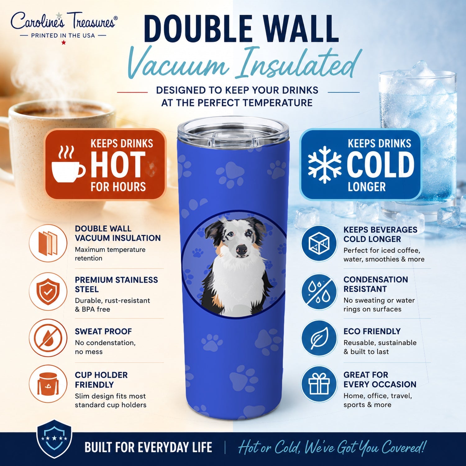 Australian Shepherd Blue Merle #1  Stainless Steel Skinny Tumbler 20 oz Vacuum Double Walled Reusable Insulated Travel Cup