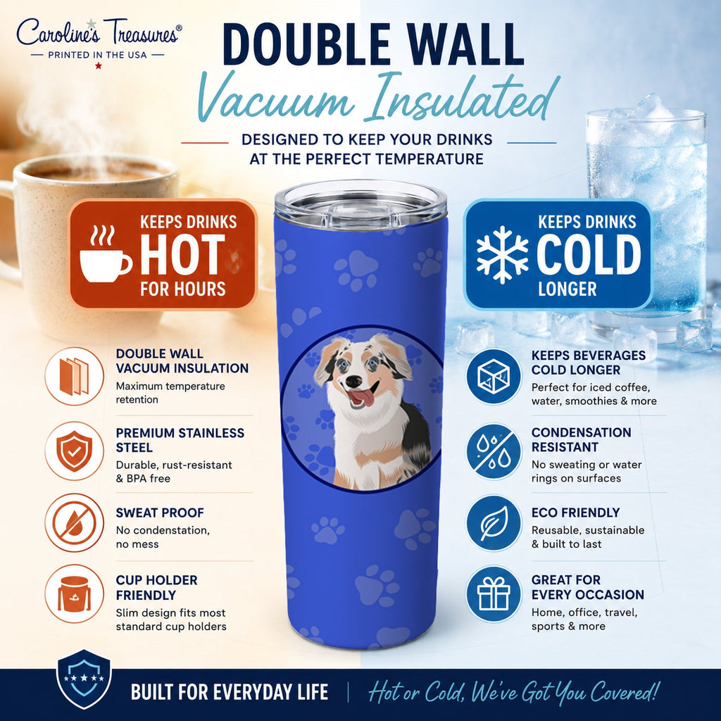 Australian Shepherd Blue Merle Puppy #1  Stainless Steel Skinny Tumbler 20 oz Vacuum Double Walled Reusable Insulated Travel Cup