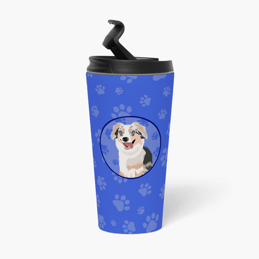 Australian Shepherd Blue Merle Puppy #1 Stainless Steel 16 oz Tumbler Blue Insulated Tumbler with Lid, Cute Travel Cup for Coffee, Cocktails, Gift Men, Dad, Women, Mother