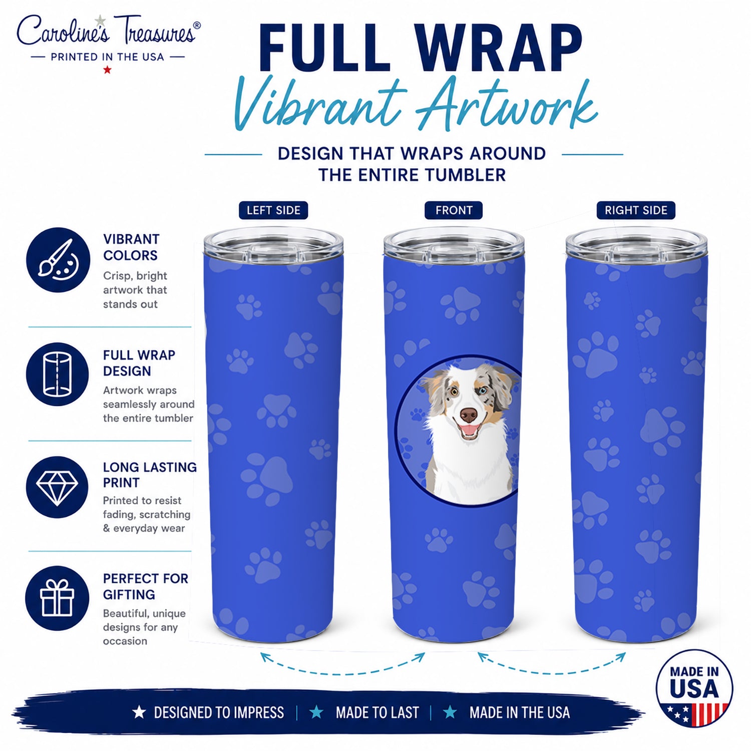 Australian Shepherd Red Merle Tricolor #1  Stainless Steel Skinny Tumbler 20 oz Vacuum Double Walled Reusable Insulated Travel Cup