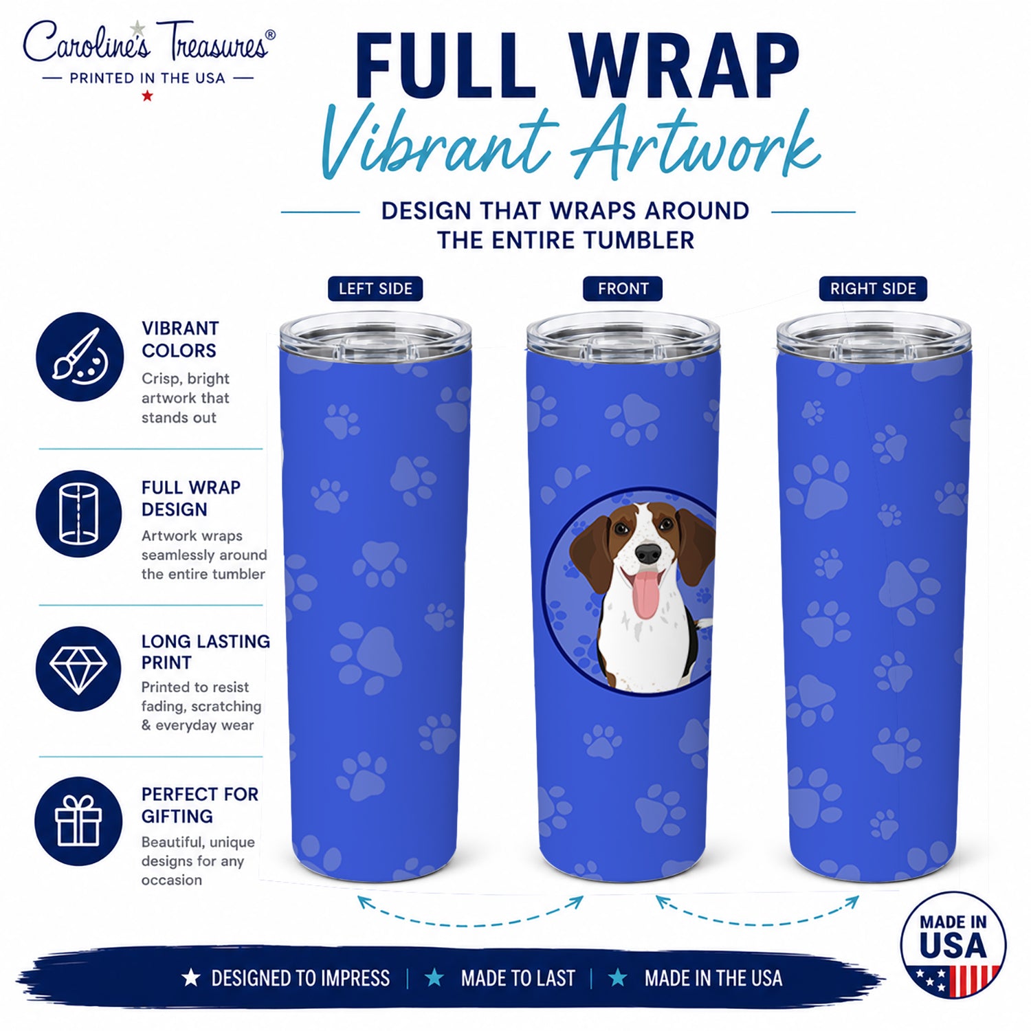 Beagle Tricolor Red Ticked #3  Stainless Steel Skinny Tumbler 20 oz Vacuum Double Walled Reusable Insulated Travel Cup