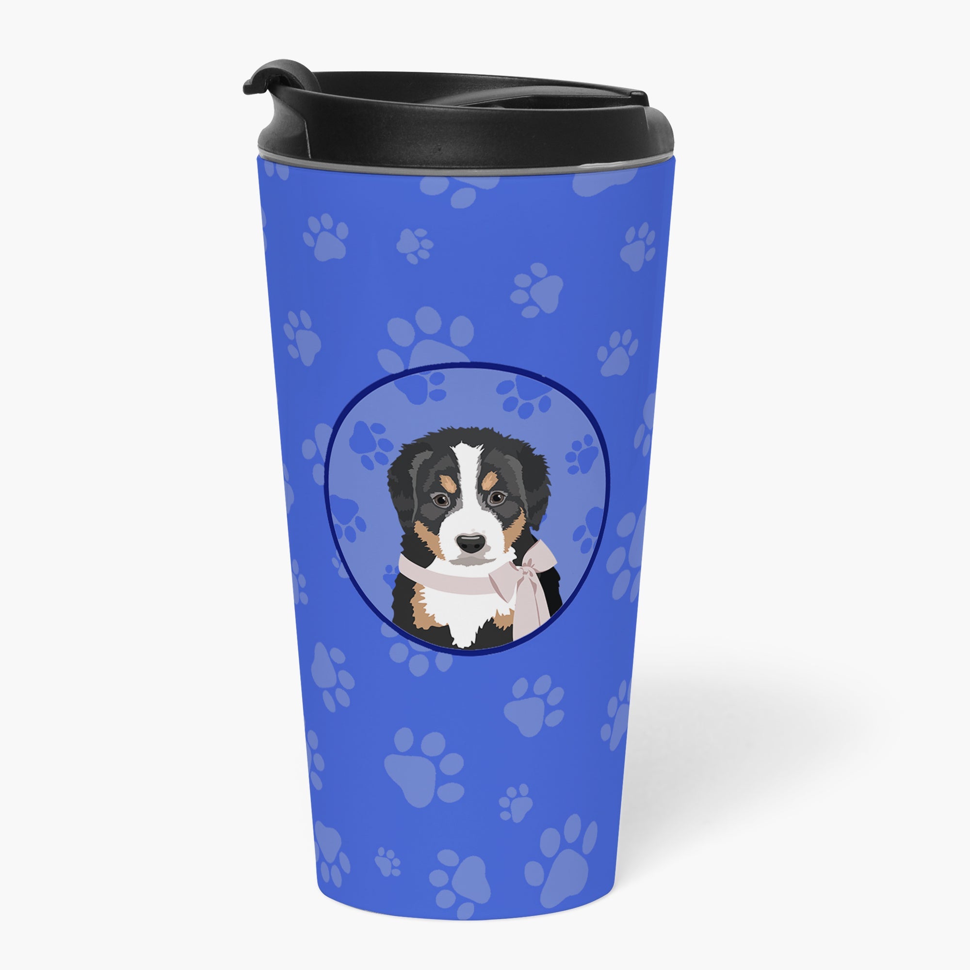 Bernese Mountain Dog Puppy #1 Stainless Steel 16 oz Tumbler Blue Insulated Tumbler with Lid, Cute Travel Cup for Coffee, Cocktails, Gift Men, Dad, Women, Mother