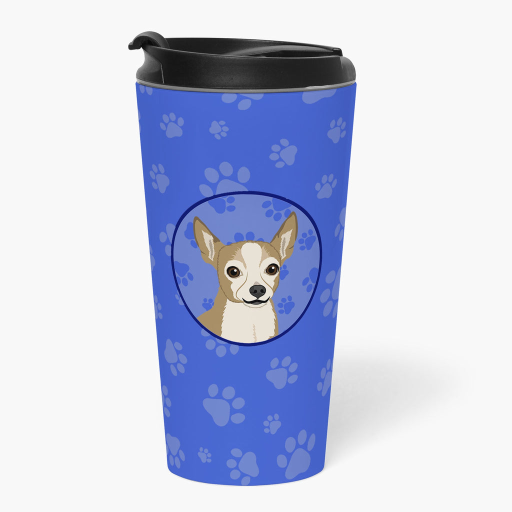 Chihuahua Silver and Tan Stainless Steel 16 oz Tumbler Blue Insulated Tumbler with Lid, Cute Travel Cup for Coffee, Cocktails, Gift Men, Dad, Women, Mother