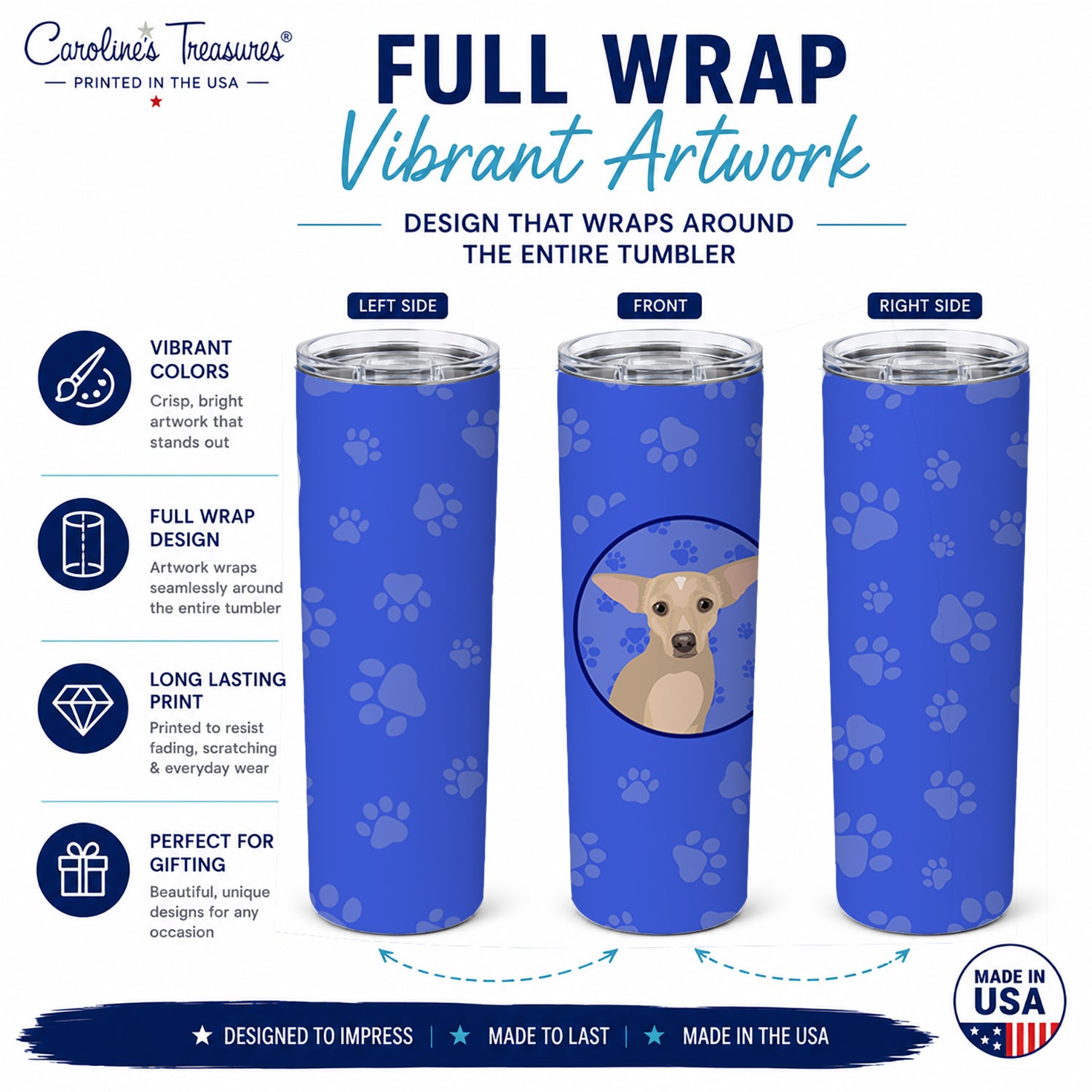 Chihuahua Silver  Stainless Steel Skinny Tumbler 20 oz Vacuum Double Walled Reusable Insulated Travel Cup