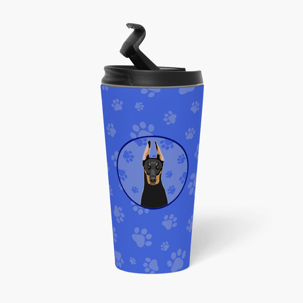 Doberman Pinscher Black and Rust Cropped Ears Stainless Steel 16 oz Tumbler Blue Insulated Tumbler with Lid, Cute Travel Cup for Coffee, Cocktails, Gift Men, Dad, Women, Mother
