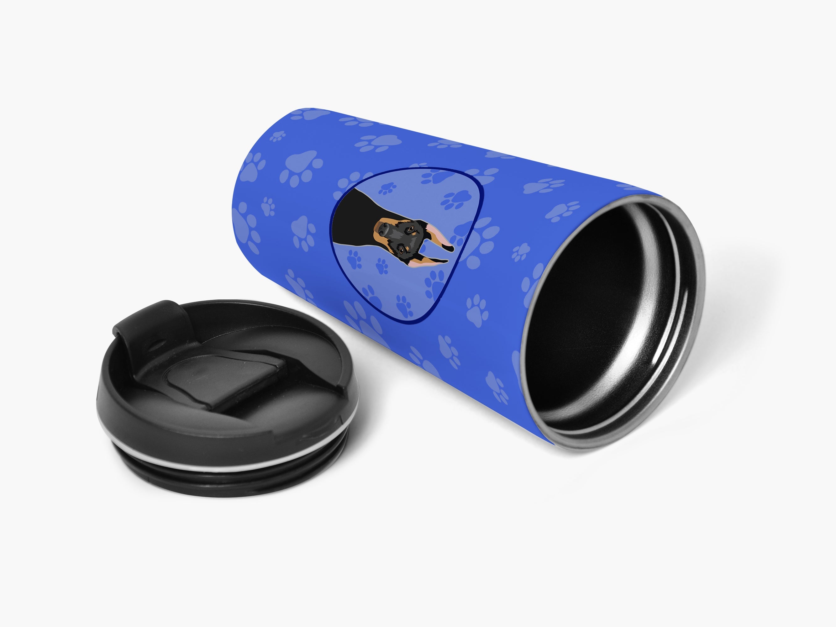 Doberman Pinscher Black and Rust Cropped Ears Stainless Steel 16 oz Tumbler Blue Insulated Tumbler with Lid, Cute Travel Cup for Coffee, Cocktails, Gift Men, Dad, Women, Mother