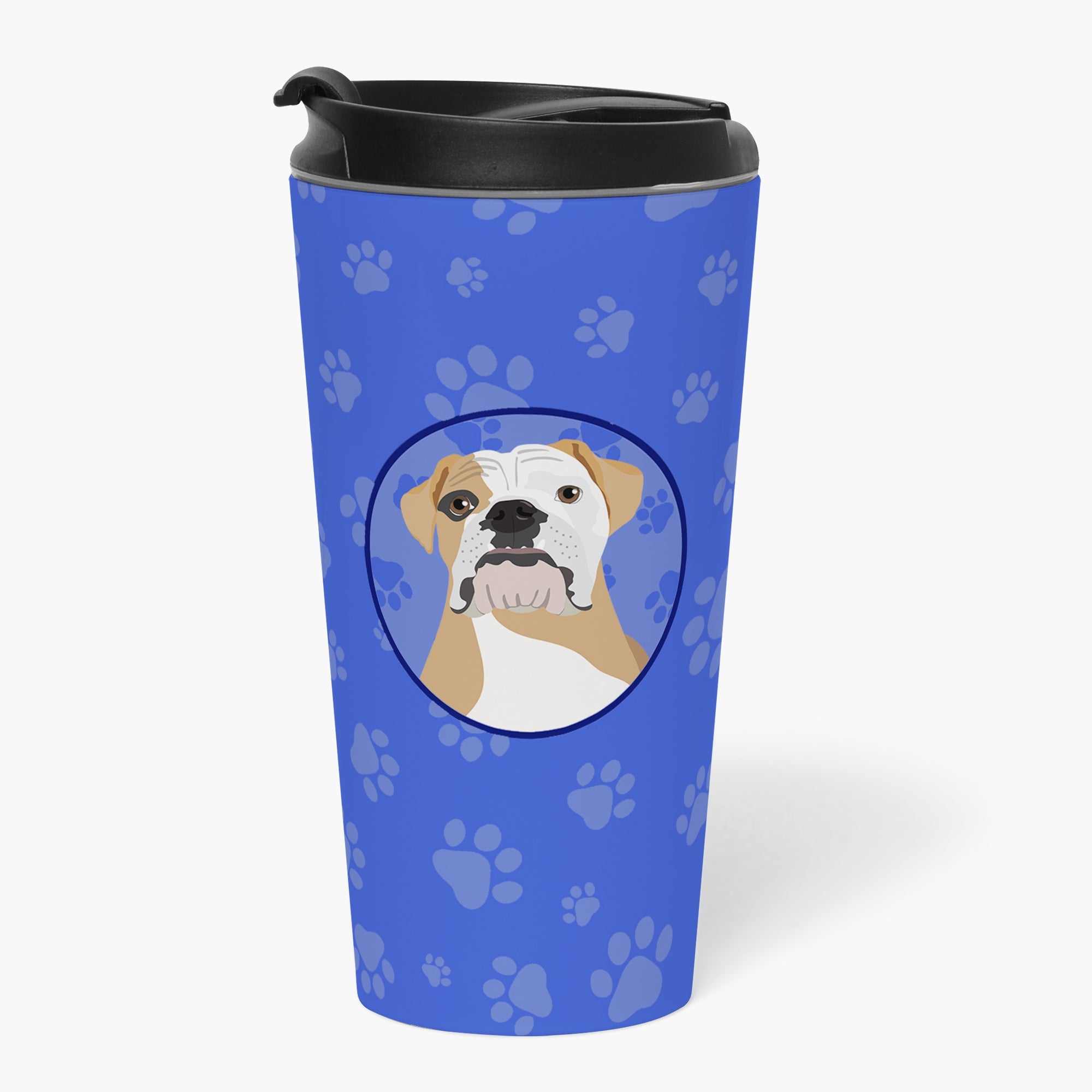 English Bulldog Fawn and White Stainless Steel 16 oz Tumbler Blue Insulated Tumbler with Lid, Cute Travel Cup for Coffee, Cocktails, Gift Men, Dad, Women, Mother