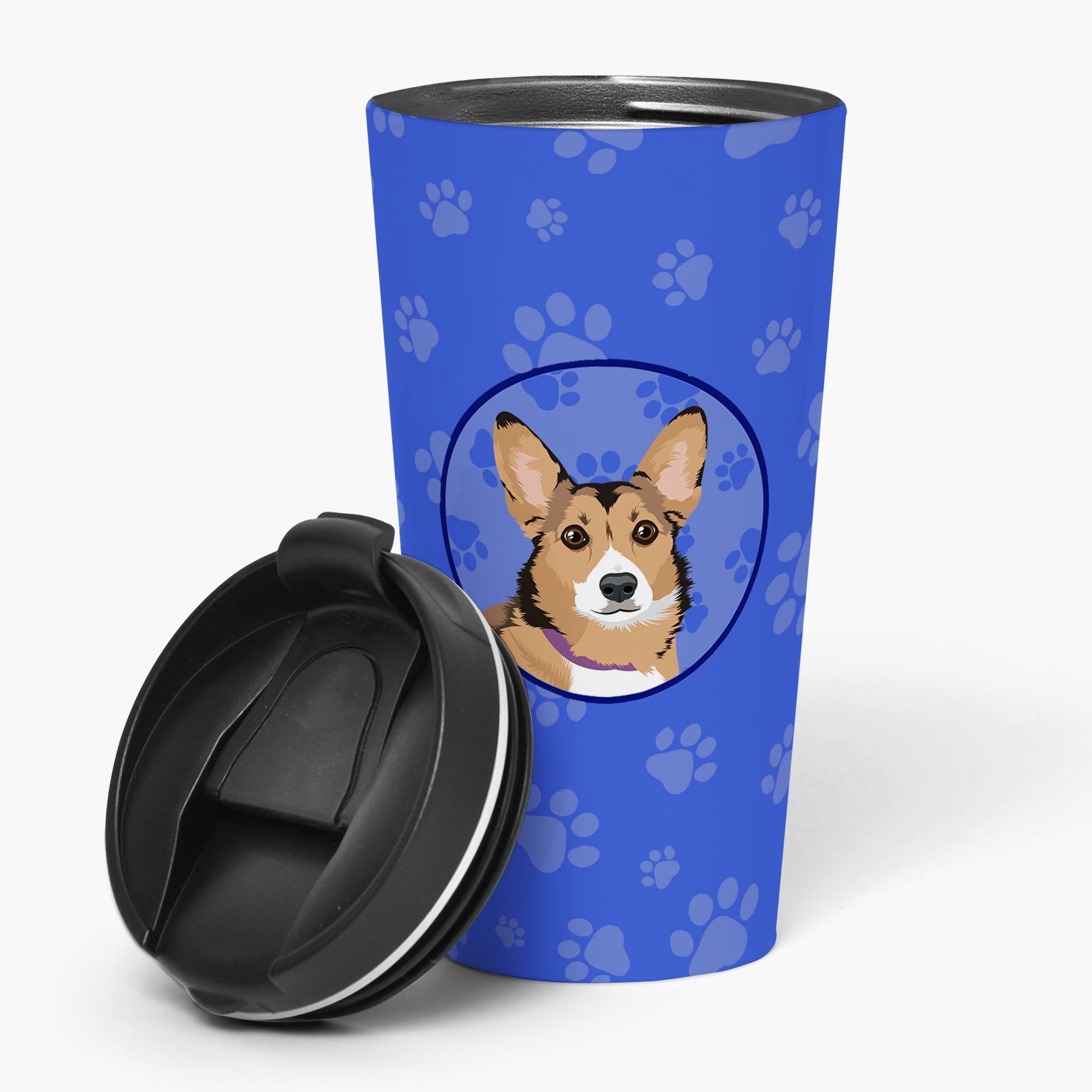 Pembroke Welsh Corgi Sable and White Stainless Steel 16 oz Tumbler Blue Insulated Tumbler with Lid, Cute Travel Cup for Coffee, Cocktails, Gift Men, Dad, Women, Mother